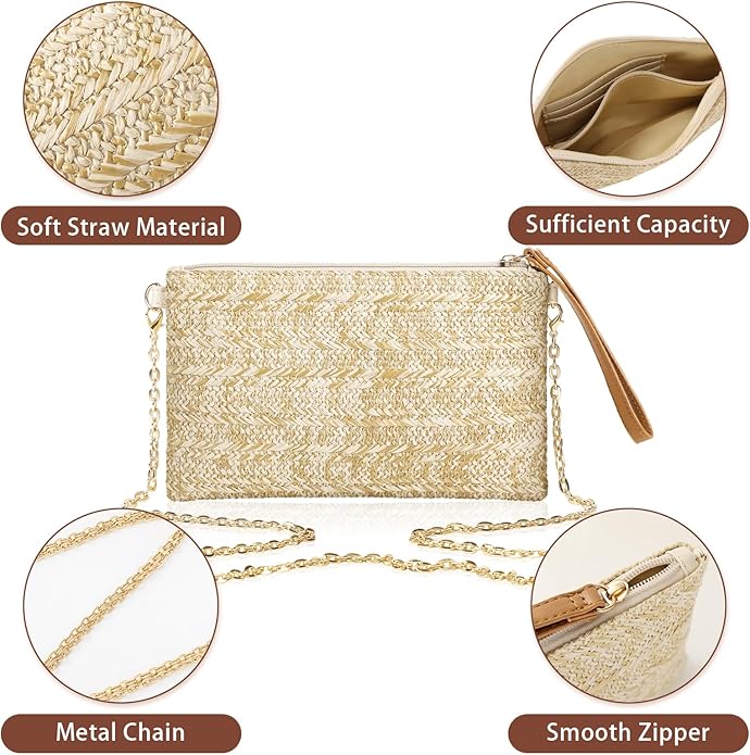 Clothirily Straw Purse Bag for Women Bohemian Handbag with Zipper Wristlet, Beach Clutch Womens Straw Clutch Purse for Summer