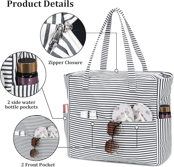 LEDAOU Large Beach Bag Women Waterproof Sandproof Zipper Beach Tote Pool Bag for Swim Gym Grocery Travel with Wet Pocket | Waterproof, Sandproof, Zipper, Pool, Gym, Grocery