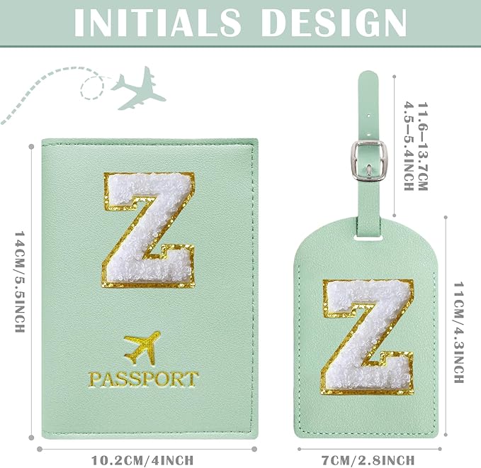 COSHAYSOO Green Passport Cover and Initial Luggage Tag Set TSA Approved with Preppy Chenille Letter Patch for Women Girl Teens, 2023 Trendy Travel Bag Backpack Suitcase Identifier Essential Gifts (Z)
