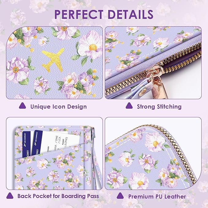 Passport Holder, Passport Holder For Travel, Passport Cover For Travel Essentials, Passport Wallet Cover RFID Blocking, Cute Passport Book for Women and Men, Purple Flowers