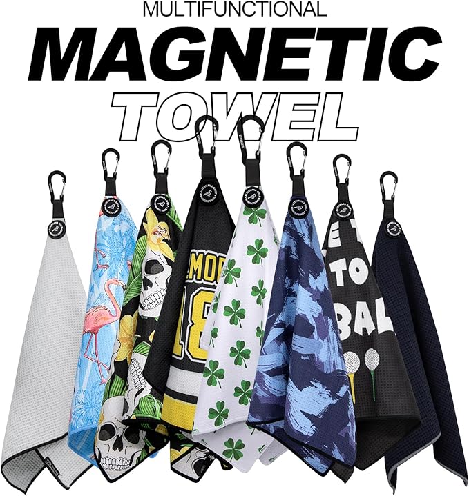 Magnetic Golf Towel, Microfiber Waffle Design with Clip - Industrial Strength Magnet for Strong Hold to Golf Bags, Carts & Clubs