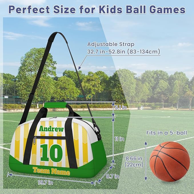 Basketball Soccer Gifts for Boys Girls - Custom Sports Duffle Bag, Personalized Name & Team Bag, Water-Resistant Gym Bag for Basketball, Soccer, Volleyball | Y-Yellow Green