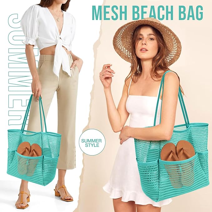 KPX Beach Bag with Mini Pocket, Beach Tote Bags for Women Large Foldable Mesh Swimming Pool Travel Bags - Sandproof