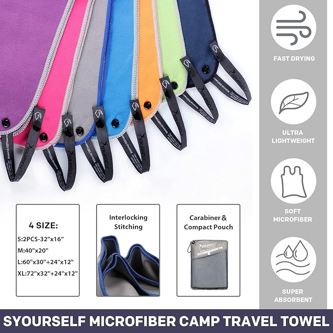 SYOURSELF Microfiber Camping Towel, Quick Dry Towel, Soft Absorbent Compact Travel Gym Workout Sweat Towel for Beach Yoga Swim Travel Camping Hiking Backpack Essentials (M:40"x20")