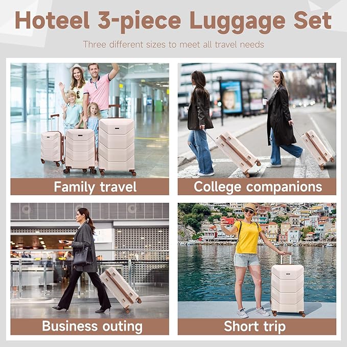 Hoteel Luggage Sets 3 Piece with Spinner Wheels TSA Lock (4-YEAR WARRANTY), Durable Carry On Suitcase Luggages, Wet-Dry Separation Compartment, ABS Hardshell for Travel, School, Beige(20/24/28in)