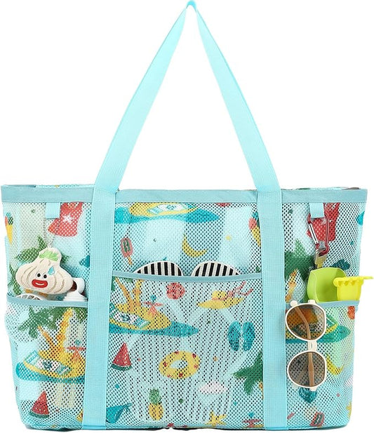 Mesh Beach Bag with Zipper, Large Beach Tote for Women, Toys Pool Swim Bag Travel Vacation Cruise Essentials