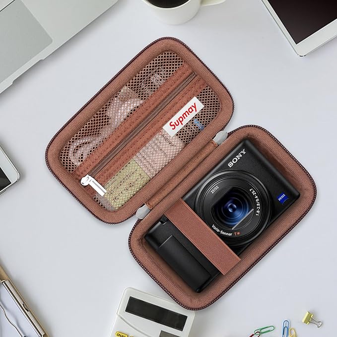 Hard Travel Case for Sony ZV-1F / ZV-1 / ZV-1 II Digital Camera, Storage Holder Travel Bag with Zipper Mesh Pocket for Battery Pack, Charging Cable, USB Card, Black, Brown