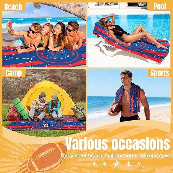 2 Pack Football Fan Thin Lightweight Microfiber Beach Towel Buffalo Themed Men Women Stuff Bills Team Oversized Boyfriend Father Friend Christmas Xmas Gag Cool Personalized Unique Gift