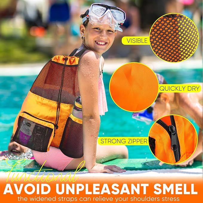 Swim Mesh Beach Bag, Waterproof Gym Bags for Women and Men, Large Pool Bag Swimming Gear Drawstring Backpack