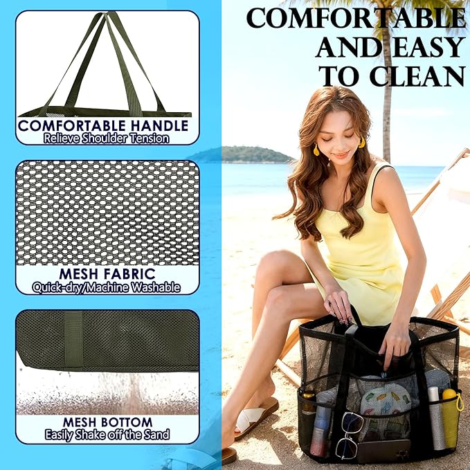 Mesh Beach Bag, Large Beach Tote with Zipper Pocket, Toys Pool Bag for Family Travel Vacation Cruise Essentials