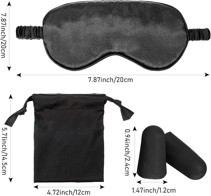 Silk Satin Sleeping Mask Eye Mask Set Include 2 Blindfold Eyeshade Elastic Strap Double Layer Silk Filling Eye Cover 2 Ear Plugs 2 Storage Bags for Women and Men Sleep Travel Nap (Black, Pink)