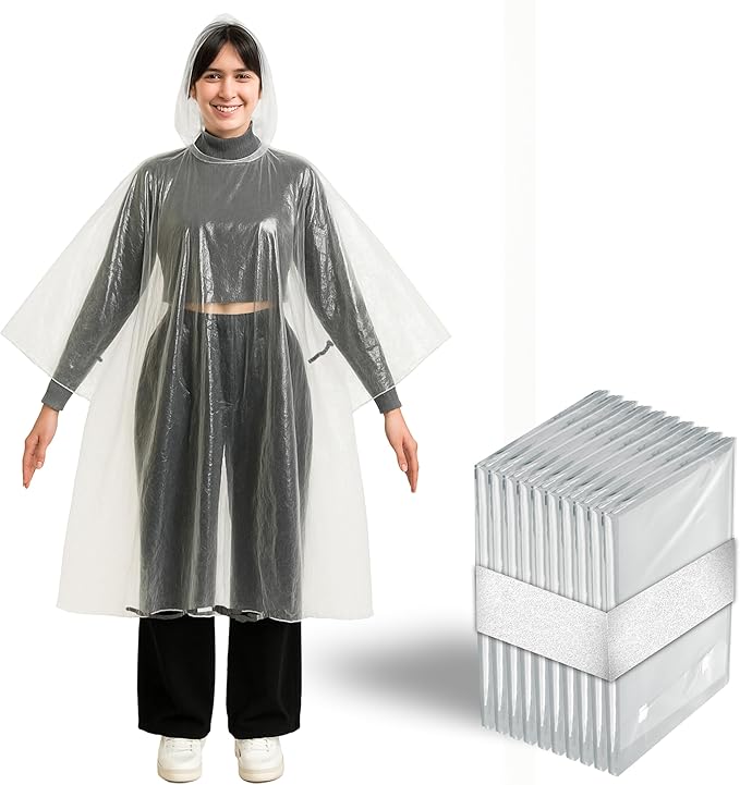 Better Office Products Disposable Clear Rain Ponchos with Hood for Adults (Thicker Gauge), Emergency Ponchos, Lightweight