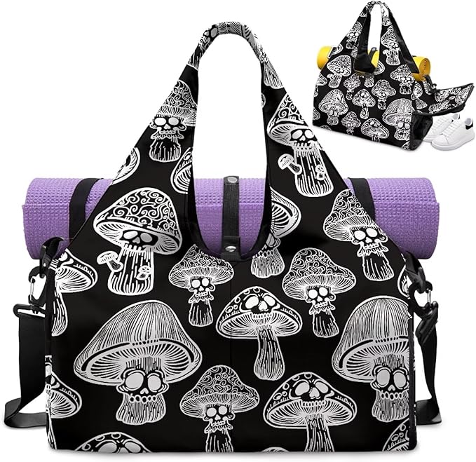 Black Mushroom Workout Bag for Women with Yoga Mat Holder and Shoe Compartment Gym Bag Waterproof Gym Duffel for Swimming, Stylish Fitness Duffel Bag