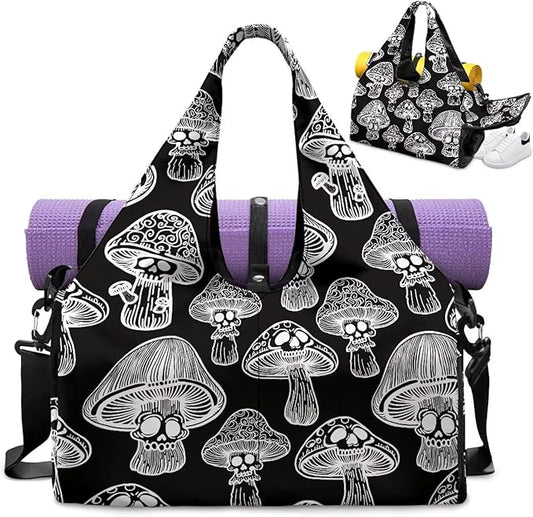 Black Mushroom Workout Bag for Women with Yoga Mat Holder and Shoe Compartment Gym Bag Waterproof Gym Duffel for Swimming, Stylish Fitness Duffel Bag