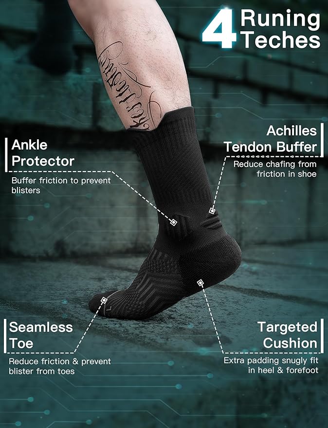 Compression Running Socks, Bamboo Viscose Coolmax Moisture-Wicking Anti-Blister Athletic Hiking Workout Gym Padded