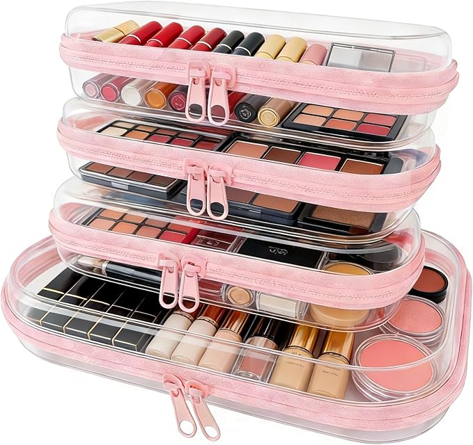 4Pcs/3S+1M Clear Hard Shell Zippered Travel Case – Plastic Organizer Pouch for Toiletries, Cosmetic Bag, Diaper Bag & Packing Accessories (Pink, Set B)