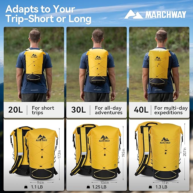 MARCHWAY Floating Roll Top Dry Bag, Flexible Lightweight TPU Waterproof Backpack 20L/30L/40L with Padded Straps for Boating, Kayaking, Swimming, Hiking, Beach (Yellow, 30L)