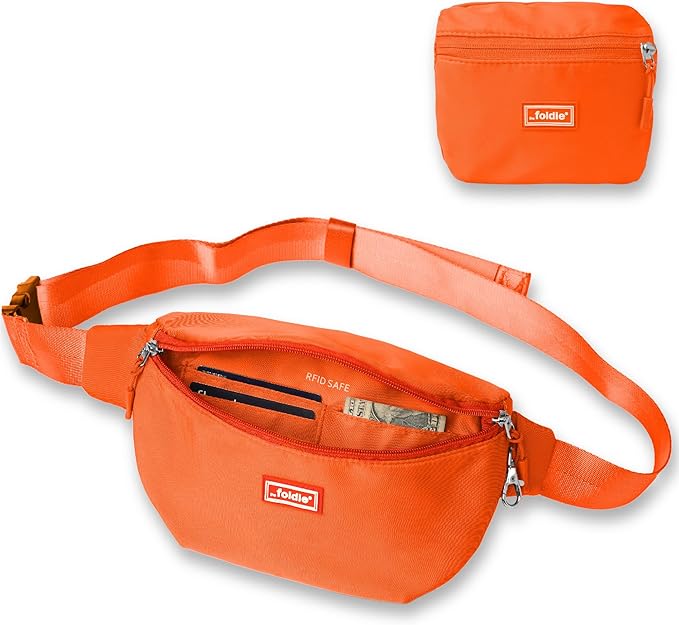 The Foldie Foldable Crossbody Bags for Women & Men - Anti-Theft RFID-Safe Fanny Pack with Smart Lockable Zippers and Cut-Resistant Strap - Lightweight Waist Pack for Travel & Everyday Use - Orange
