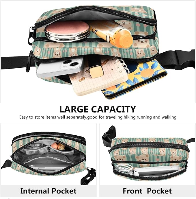 Kawaii Teddy Bears Green Stripe Fanny Pack for Women Men Water Resistant Fashion Waist Packs with Adjustable Strap Belt Bag for Travel Workout Jogging Hiking 21219330