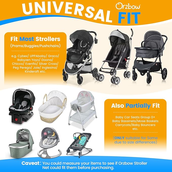 Orzbow Baby Mosquito Net with Sun Shade UPF50+ for Stroller, Universal Stroller Mosquito Netting Privacy Cover with Two-Way Zipper and Storage Bag for Car Seats, Bassinets, Cradles, Mini Cribs, Black