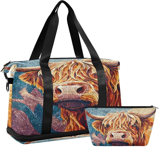 Travel Duffel Bags for Women Colorful Mosaic Cow Print Sports Duffel Bags Gym Bags with Shoes Compartment Tote Bag Weekender Bag for Travelling