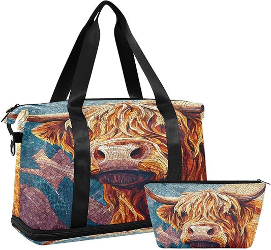 Travel Duffel Bags for Women Colorful Mosaic Cow Print Sports Duffel Bags Gym Bags with Shoes Compartment Tote Bag Weekender Bag for Travelling