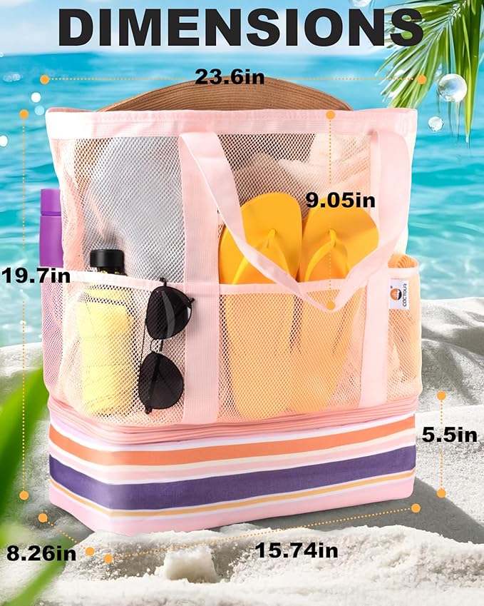 Beach Bag with Cooler, Mesh Beach Bag for Women Cruise Pool, Packable Waterproof Sandproof Travel Tote Bag with 8 Pockets