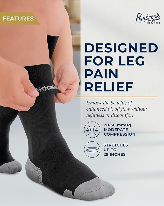 Pembrook Plus Size Compression Socks Wide Calf - Up to 6XL | Black Wide Calf Compression Socks Women | Circulation Support