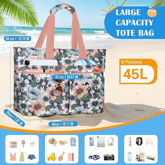 HUANLANG Large Beach Bags for Women Pool Bag with Zipper, Waterproof Sandproof Beach Tote Travel Bag with Wet Pocket | Waterproof, Large capacity, Dry/wet separation, Cooling function, Durable fabric, sandproof