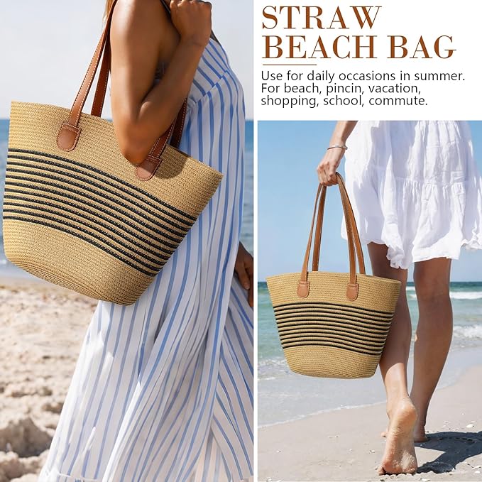 Trifabricy Beach Bags for Women, Summer Straw Beach Bag Straw Purse Shoulder Handbags Large Beach Tote for Summer Vacation