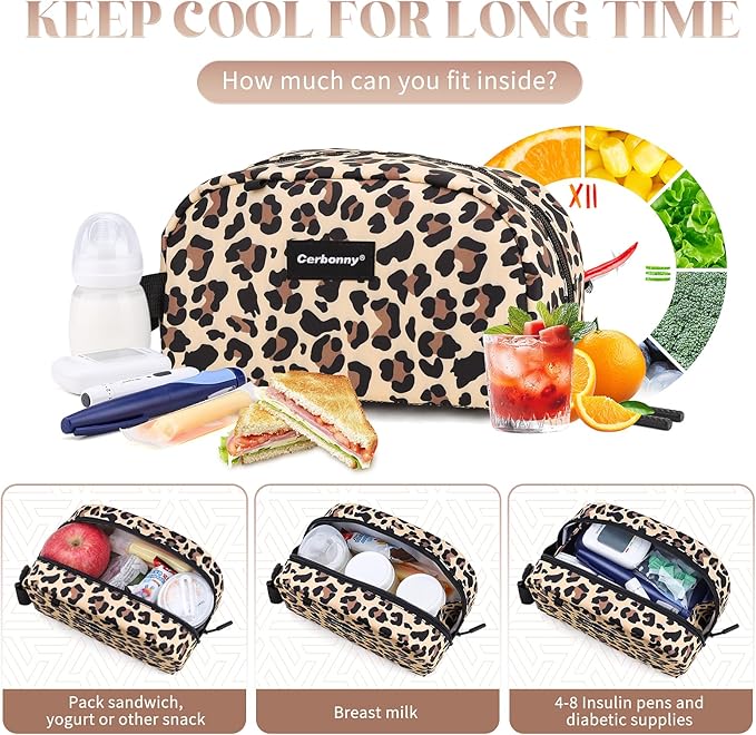 Cerbonny Small Cooler Bag Freezable Lunch Bag for Work School Travel, Leak-proof, Insulated, Waterproof, Brown Leopard