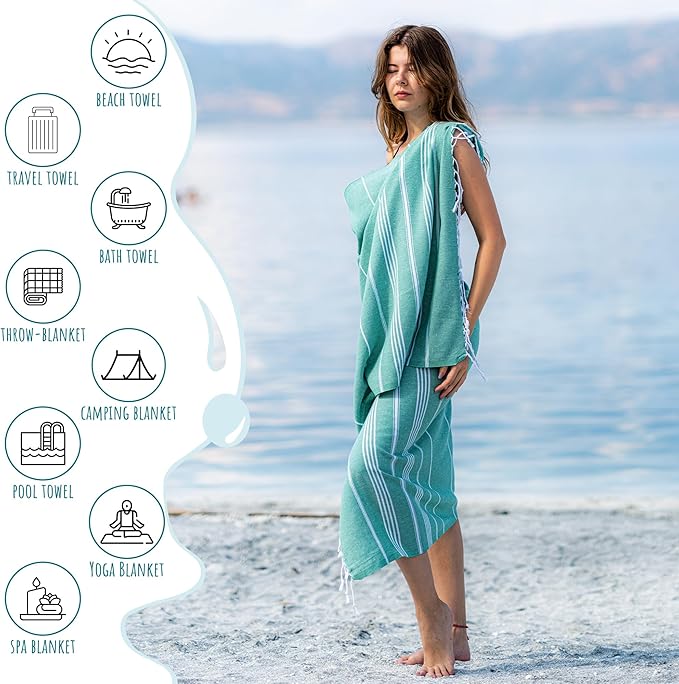 Ray Silver Turkish Beach Towel – 100% Cotton 40x71 Quick Dry Oversized Sand Free Lightweight Blanket for Travel Camping Bath Sauna Pool Gym Yoga (1pc - S-Benetton Green)