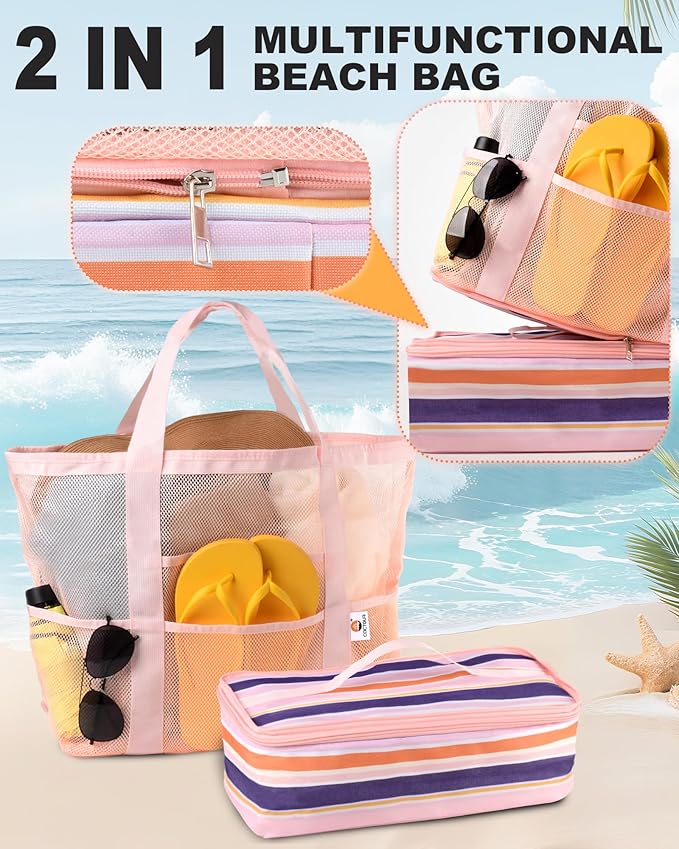Beach Bag with Cooler, Mesh Beach Bag for Women Cruise Pool, Packable Waterproof Sandproof Travel Tote Bag with 8 Pockets