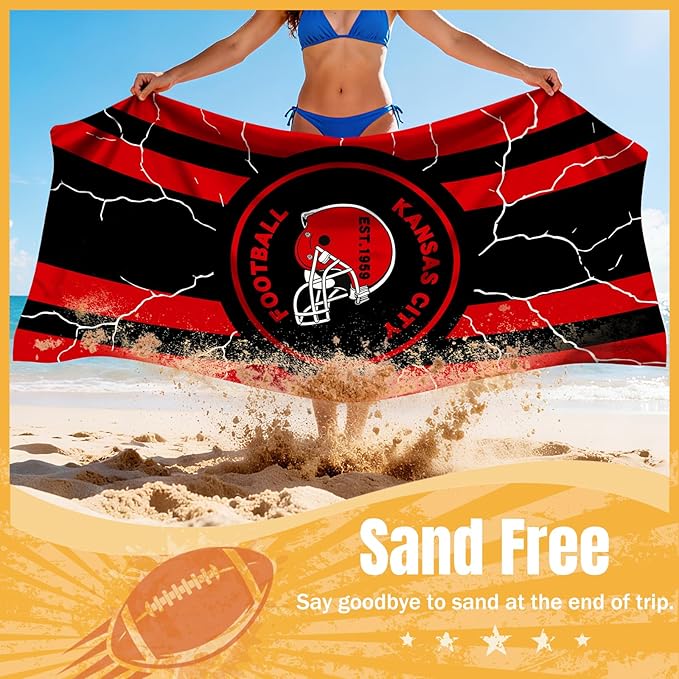 Football Fan Thin Lightweight Microfiber Beach Towel Kansas City Themed Big Absorbent Oversized Towels Men Women Gear Chiefs Team Boyfriend Bf Father Friend Christmas Xmas Father Day Gag Unique Gift