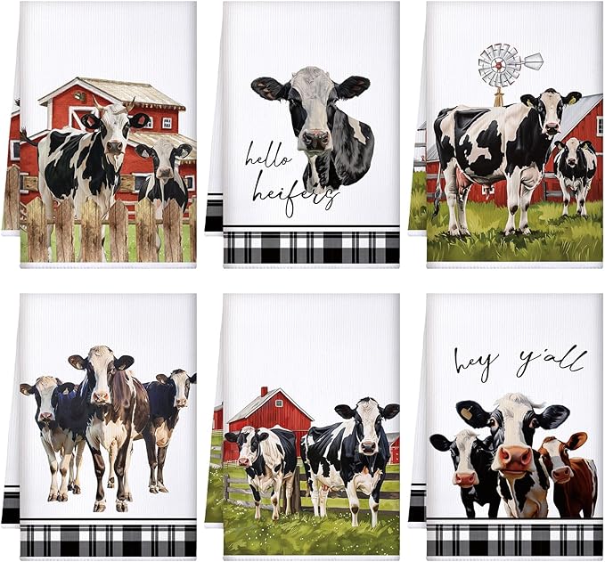 Bencailor 6 Pcs Cow Kitchen Towels Farmhouse Cow Dish Hand Towels Farm Animal Vintage Rustic Tea Washcloth for Winter Spring Bathroom Kitchen Decor Gifts 24 x 16''