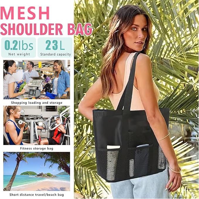 Mesh tote bag, suitable for daily travel, shopping, weekend trips, beach bags, fitness bags