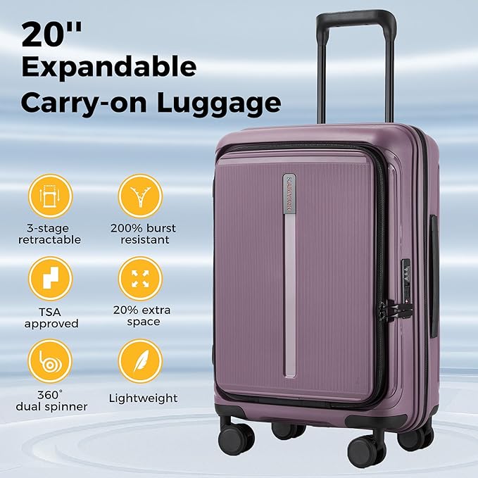 20“ Expandable Carry on Luggage Front Opening, 22x14x9 Airline Approved Hardshell Spinner Carry-on Suitcase with Wheels, TSA Lock, Lightweight Durable Travel Luggage (Purple, 20 inch)