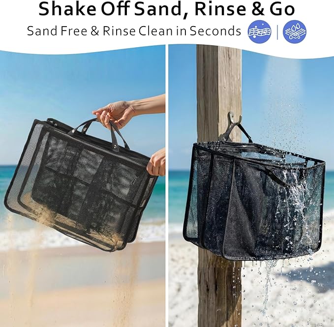 F-color Beach Bag Organizer Insert Compatible with Silicon Bag Original Large, Mesh Tote Liner with 10 Pockets & Adjustable Handle, Lightweight Divider Pouch for Beach Accessories Organizing, Black