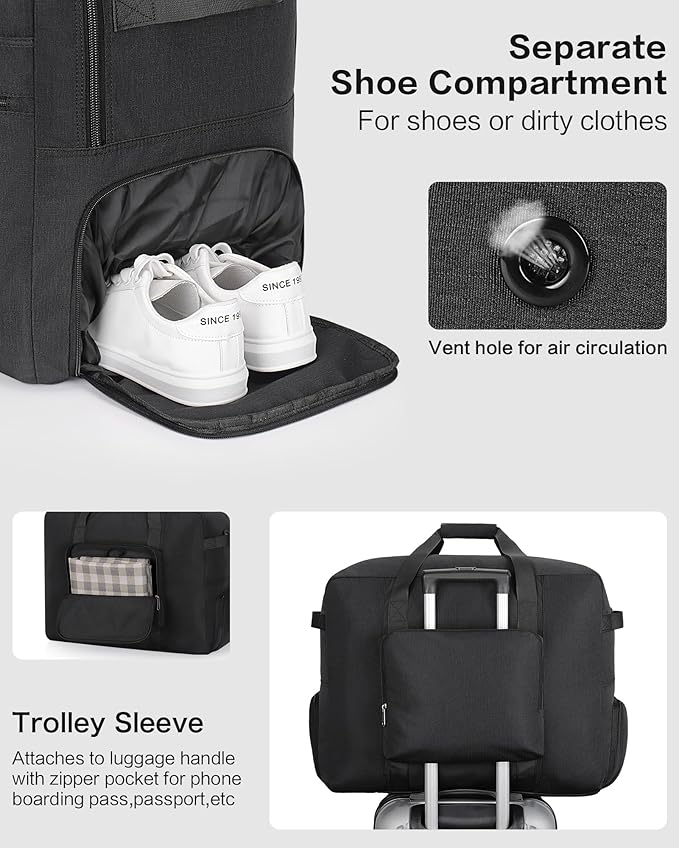 80L Foldable Large Travel Duffle Bag for Men and Women, Packable Duffel Bags with Shoe Compartment, Water Repellent & Tear Resistant (Black)