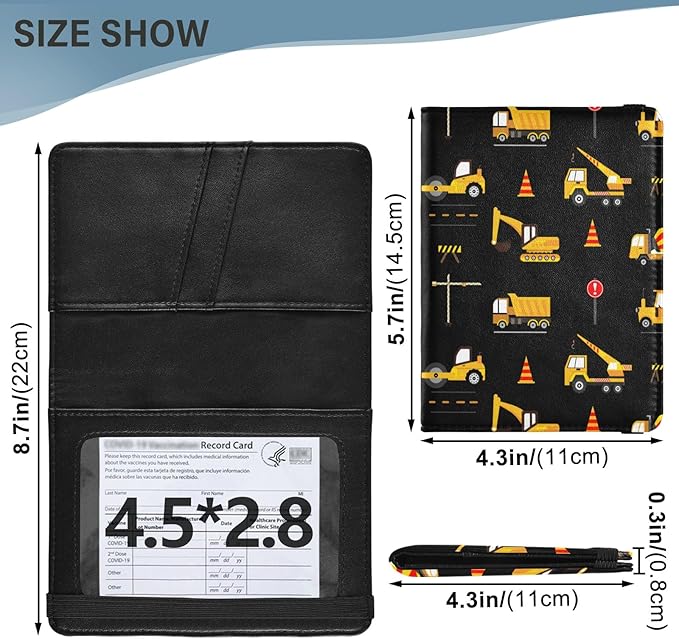 linqin Cute Construction Machinery for Kids Passport and Vaccine Card Holder Combo Leather Passport Case 4x3 CDC Vaccination Card Protector/Covers Waterproof Wallet for Travel