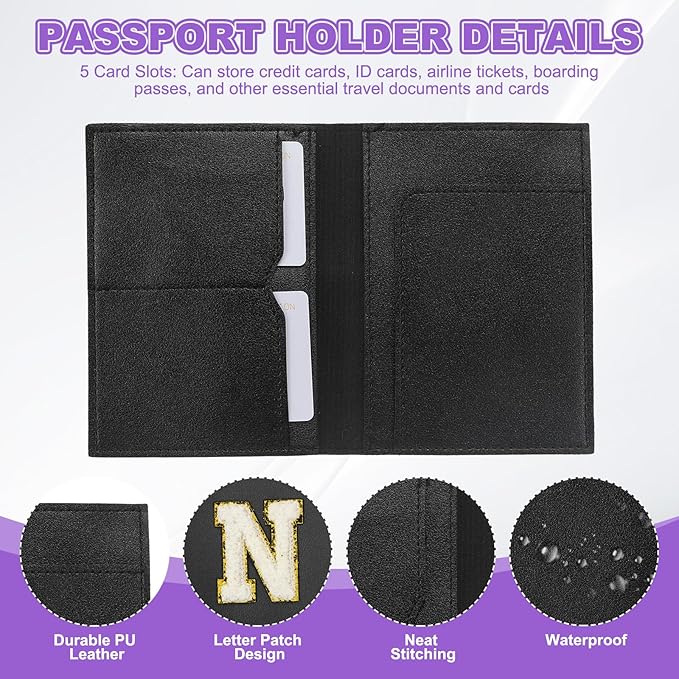 PATIKIL Passport Holder for Travel, Initial Passport Cover and Luggage Tag Set with Alphabet Chenille Letter Patch Travel Wallet Bag Suitcase Identifier for Women Family Travel Black N