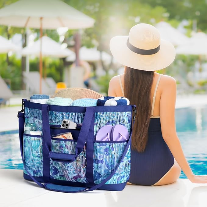 F-color Mesh Beach Bag Family - Large Tote Bag for Cruise Pool Toys Beach Vacation Essentials