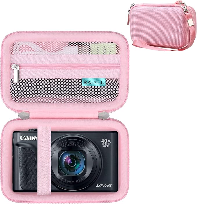 RAIALL Camera Case for Canon PowerShot SX740 HS/ SX730 HS/ SX720 HS/ SX620 HS Digital Camera, 4K Video Camera Hard Carrying Case Protective Travel Bag, Mesh Pocket for Batteries and USB Cable, Pink