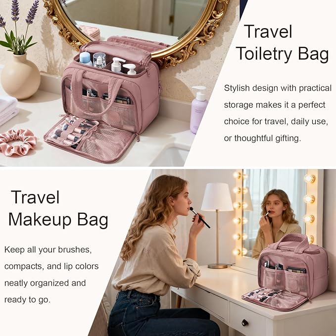 Travel Toiletry Bag for Women, Lightweight Large Quilted Puffy Makeup Bag Wide-open Make up Organizer Cloud Cosmetic Bag w/Handle for Traveling, Toiletries Essentials Accessories Dark Pink
