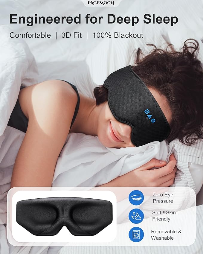 Sleep Mask with Bluetooth Headphones: 100% Blackout, 3D Zero-Pressure Eye Cups, Noise-Reducing Immersive Sound for Sleeping, Adjustable Speaker Fit, Bluetooth 5.4, Detachable Design, Travel Relaxation