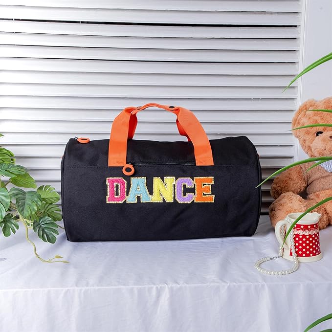 Girls Dance Duffle Bag with Chenille Patch,Cute 16.5" Ballet, Cheer, Gymnastics Class Bag for Kids, Toddler Girls,Teens,Large Capacity Overnight Travel Bag (Black)