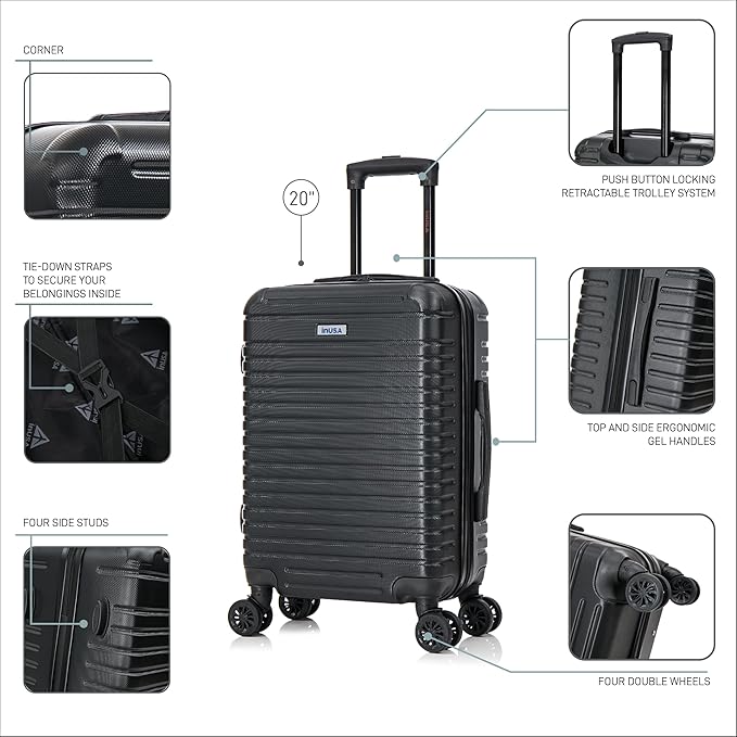 InUSA DEEP Luggage with GEL Handle | Spacious Traveling Suitcases, Travel Suitcase with Dual Spinner Wheels and Studs | 20 Inch Carry On Hardside Luggage | Black