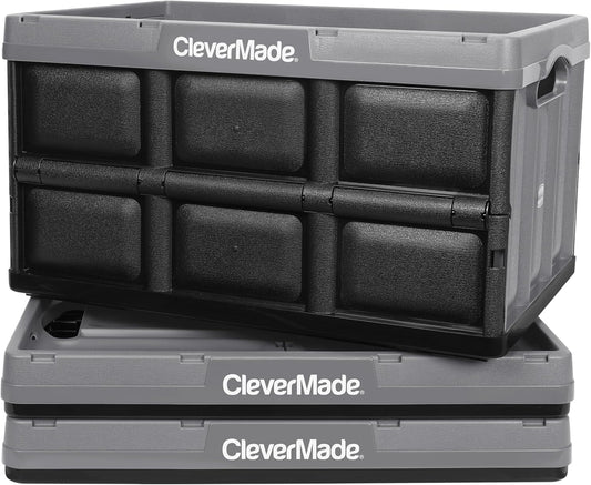 CleverMade Collapsible Storage Bins - Stone 3 Pack 46L - Stackable Containers Heavy Duty Capacity Folding Crates - Space-Saving for Home