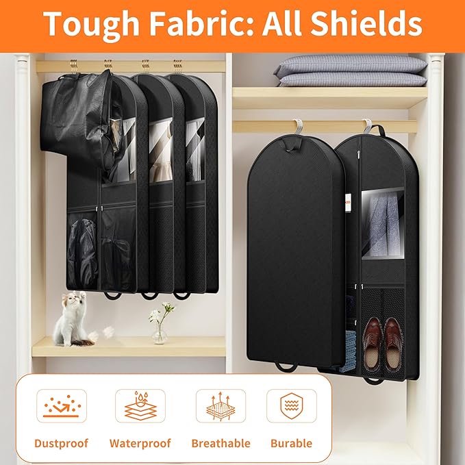Garment Bag Travel Hanging Clothes: 54 Inch 2 Packs Fabric Breathable Foldable Zippered Pockets - Closet Storage Cover Packable - Men's Suit Shirts Uniform Jacket Jersey Tuxedo