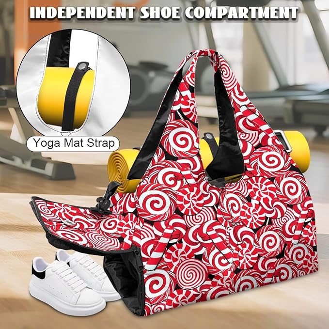 Christmas Candy Cane Gym Bag for Women with Shoe Compartment Personal Item Bags Fitness Workout Overnight Weekender Duffle Bag for Travel Carry On Christmas Outfits Gifts Decor